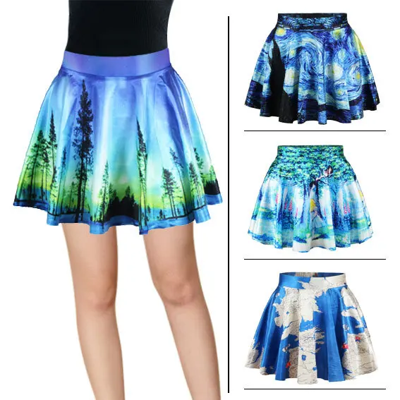 Women's Flared Stretch Van Gogh Starry Night 3d Print Pleated Mini Skirts Skater Skirt