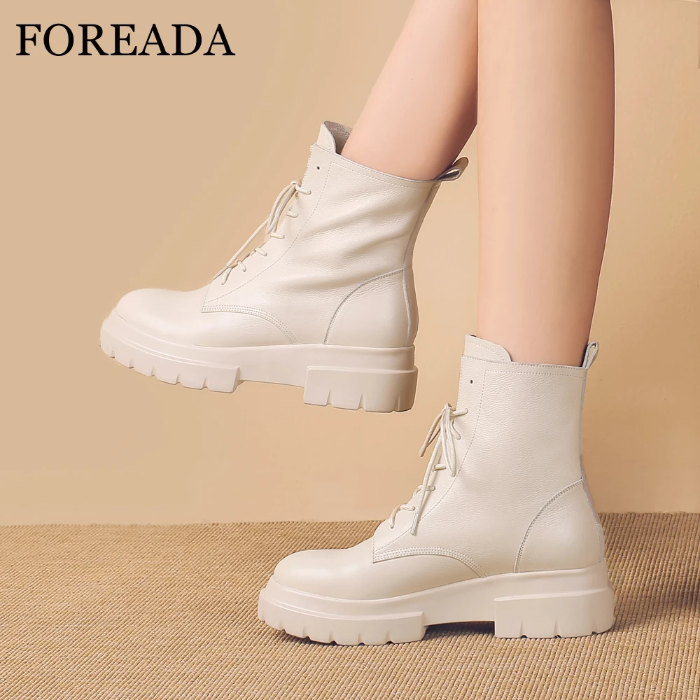 FOREADA/зимние ботинки из натуральной кожи; Женские ботинки в байкерском стиле на шнуровке; ботильоны из натуральной кожи на платформе; цвет белый, черный; размеры 34-42
