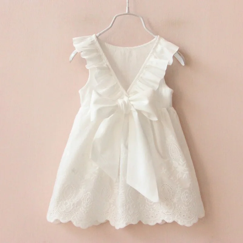 2017 Fashion Baby Girl Dress Solid White Lace Hollow Out Cotton