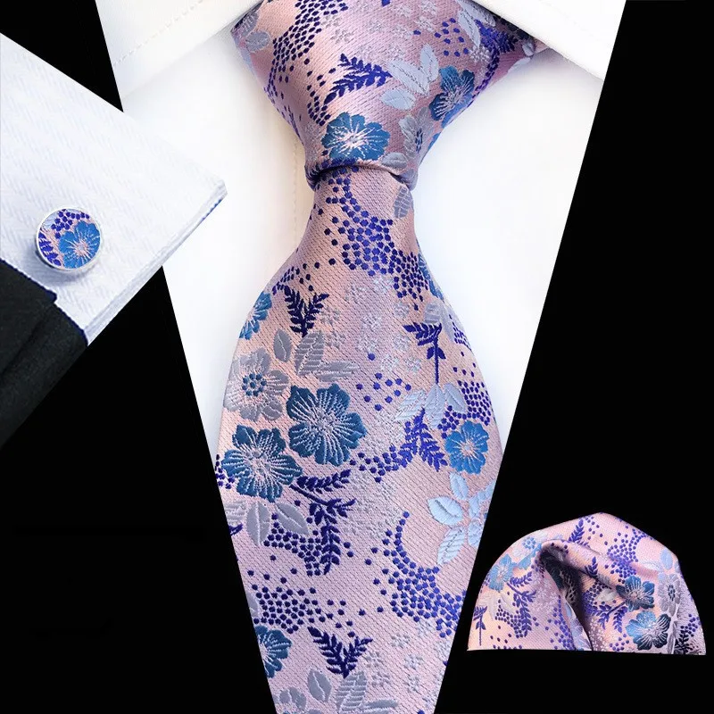 Men's Tie Pocket Handkerchief Cufflinks Set Silk Ties Woven Men Designer Mixed Design Business Pink Purple Green Tie Set