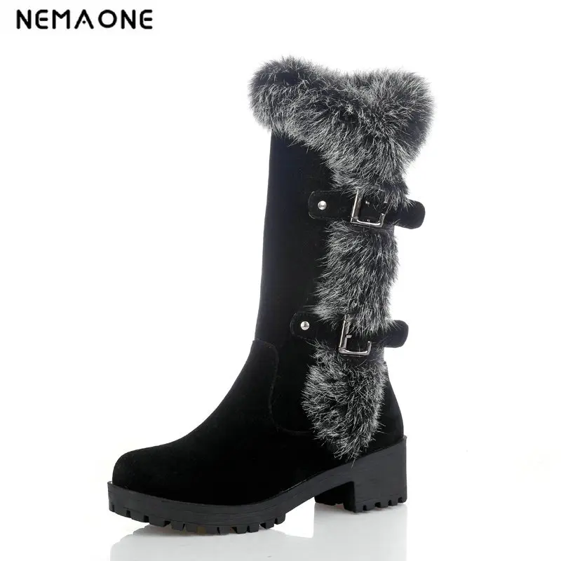 

2019 women fashion mid calf snow boots square 4.5cm med heel women shoes to keep warm winter party shoes large size 34-39
