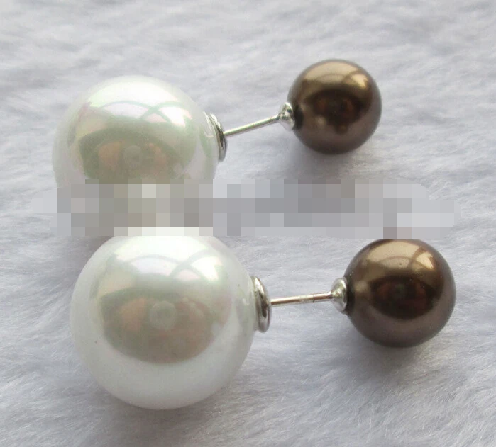 

Hot selling> 1650 white + coffee perfect round south sea shell pearl earring -Bride jewelry free shipping