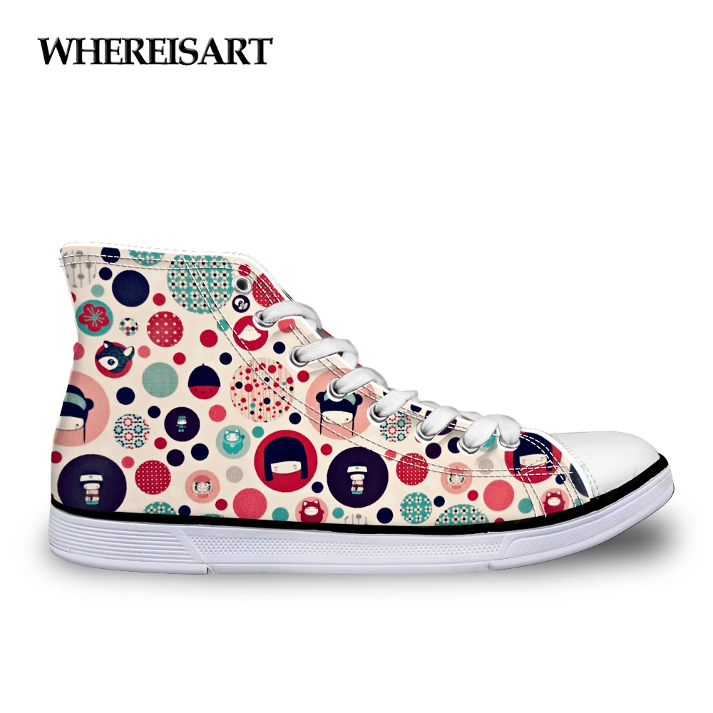 

WHEREISART 2019 Fashion Women Autumn Summer High Top Vulcanized Shoes Casual Floral Pattern Female Lace-up Canvas Flat Shoes