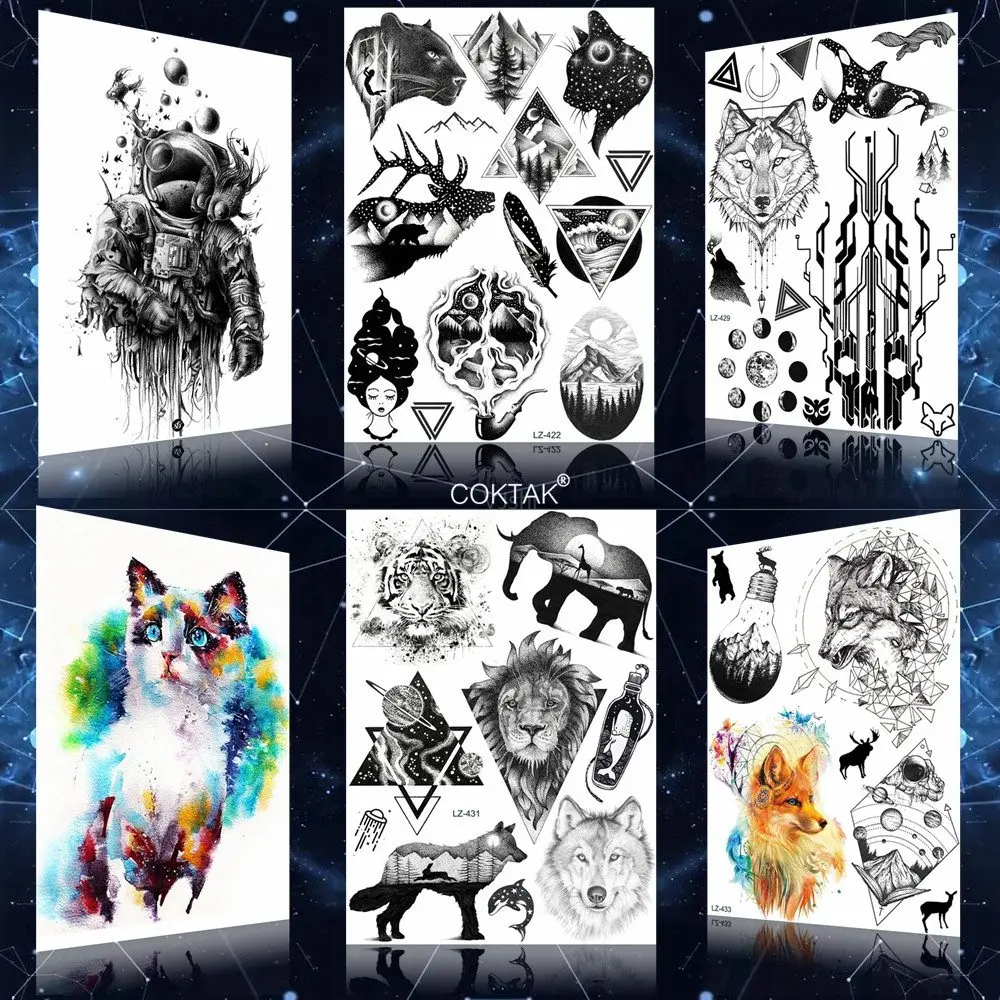 

Men Realistic Ankle Triangle Animals Tattoos Sticker Women Body Arm Black Tiger Temporary Tattoos Neck Elephant Wolf Tatoo Sheet