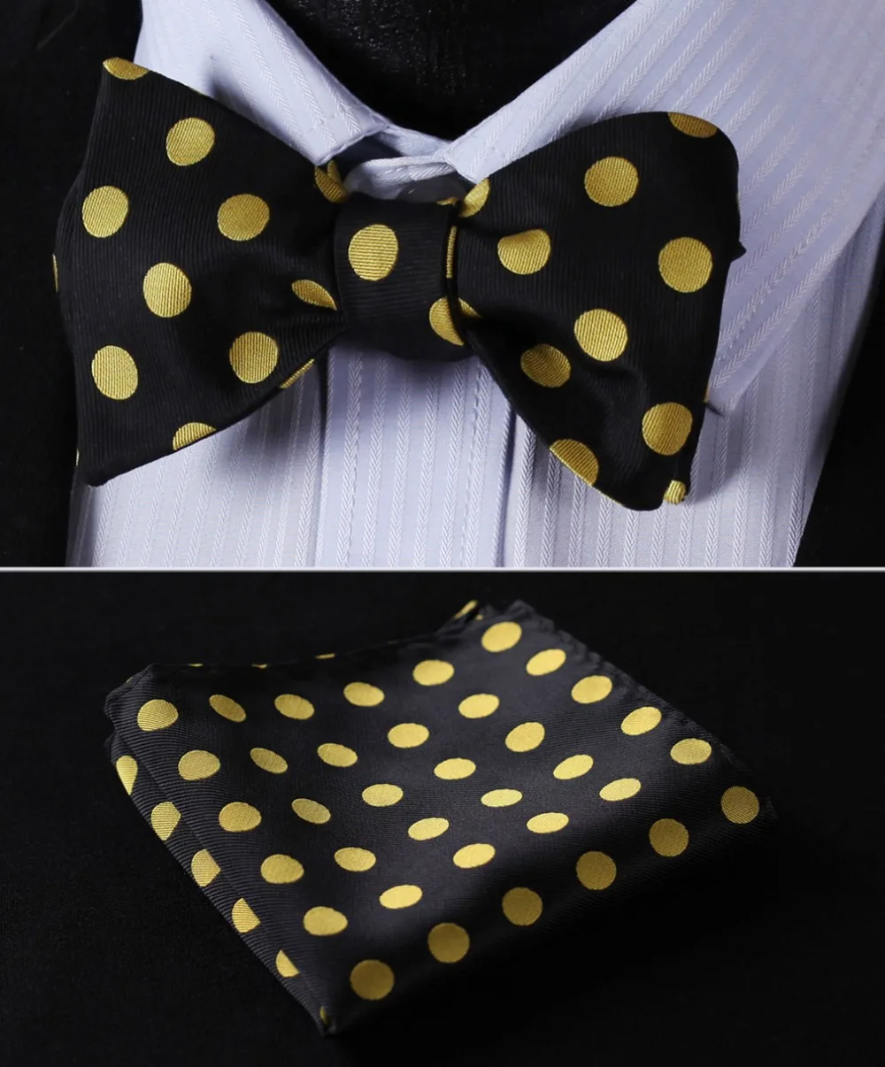 

BD3001L Black Yellow Dot 100%Silk Jacquard Woven Men Butterfly Self Bow Tie BowTie Pocket Square Handkerchief Hanky Suit Set