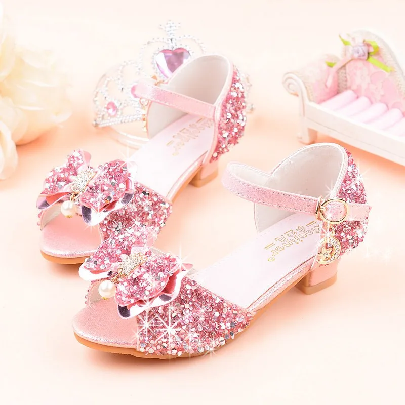 2019 Girls Rhinestone Open-toed High-Heeled Sandals, Kids Bow-knot Pearl Performance Dance Princess Glitter Shining Summer Shoes (3)