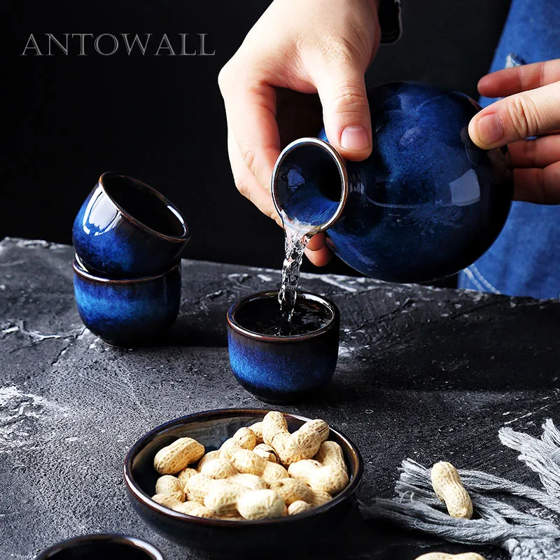 ANTOWALL Home sake set dim blue ceramic drinkware mini wine cup wine pot kiln glaze set