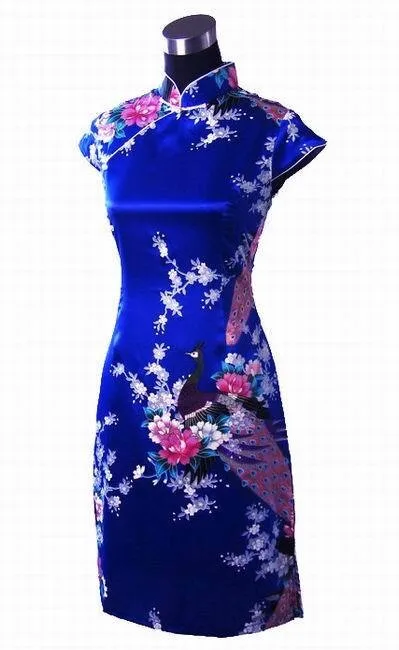 

Royal Blue Print Short Sleeve Mini Dress Chinese Women Silk Rayon Qipao Short Cheongsam Peacock&Flower Size S M L XL XXL WC019