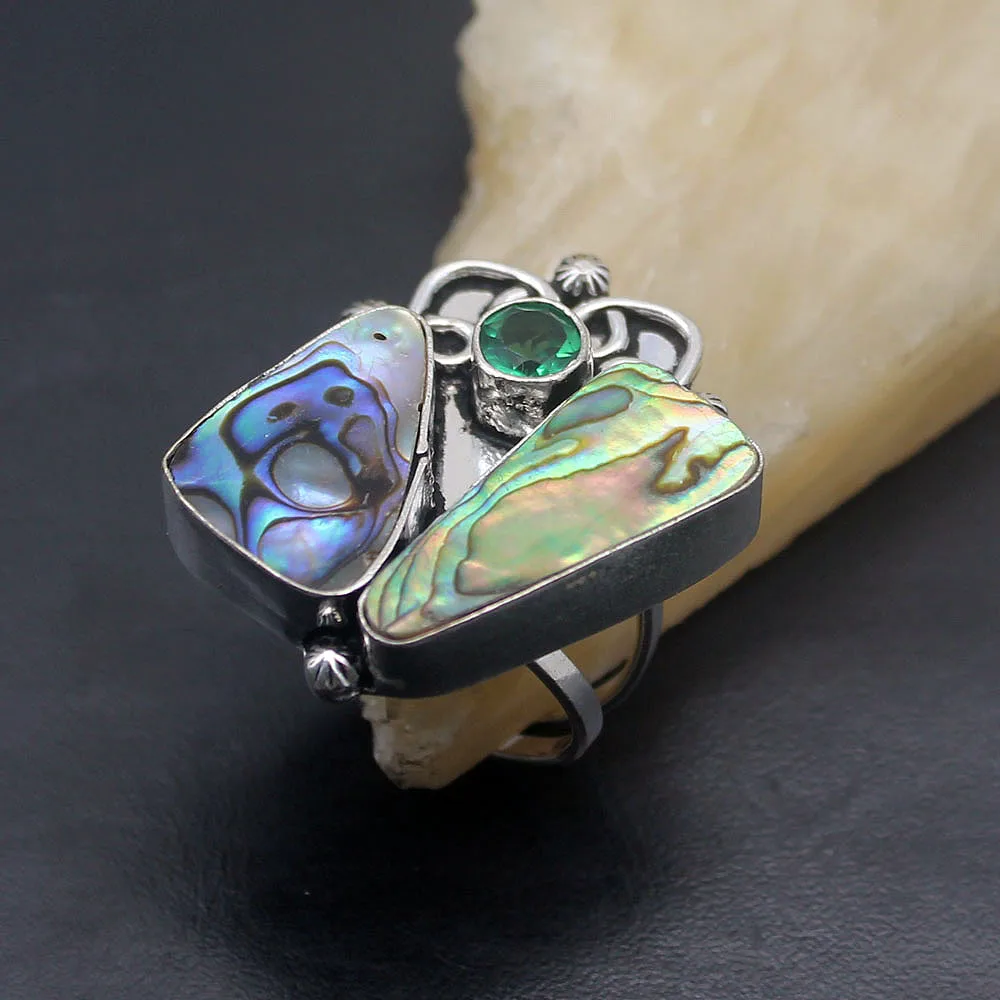 

Natural Abalone Shell Unique Green Topaz925 Sterling Silver Band Ring Size 9 H82