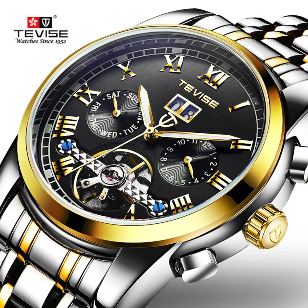 

TEVISE 9005 High-quality Skeleton Automatic Men Mechanical Watch Moon Phase Clock Mens Business Wristwatches Relogio Masculino