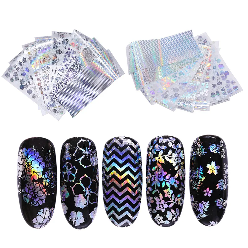 

8 Sheets/Kit Nail Foils Holographic Colors Rose Flower Mixed Designs Nail Transfer Sticker Nail Art Decoration 20cm*4cm