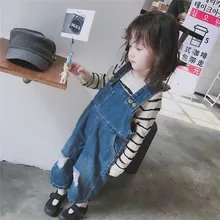 Джинсовые штаны для маленьких девочек новые модные брендовые Детские комбинезоны, Джинсы Свободные повседневные джинсовые штаны для девочек ковбойские брюки с подтяжками для малышей
