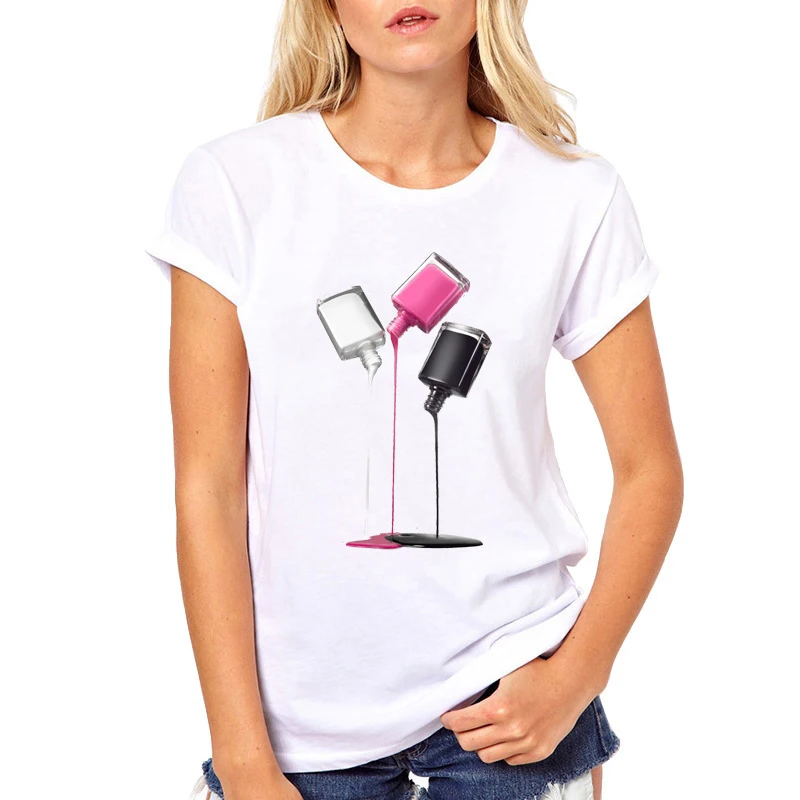 2019 Летняя женская футболка с 3D лаком для ногтей модная круглым вырезом и коротким
