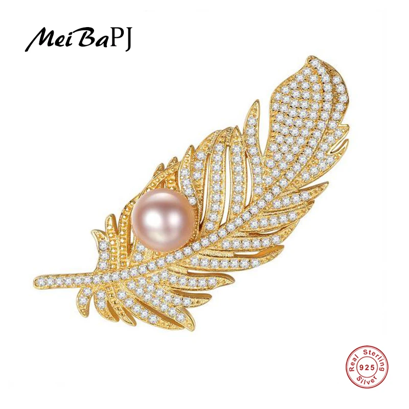 

[MeibaPJ]Fashion Real Natural Pearl Feather Golden Brooch S925 Solid Silver Breastpin Fine Jewelry For women