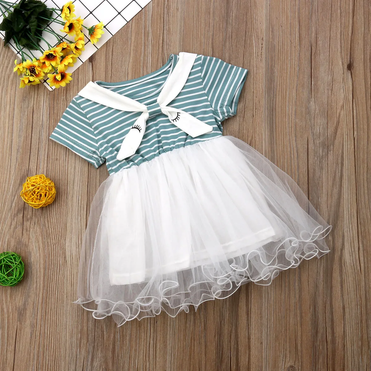 Toddler Green Dress Kids Baby Girls Striped Tutu Dress Summer A-line Tulle Dress with Bowtie