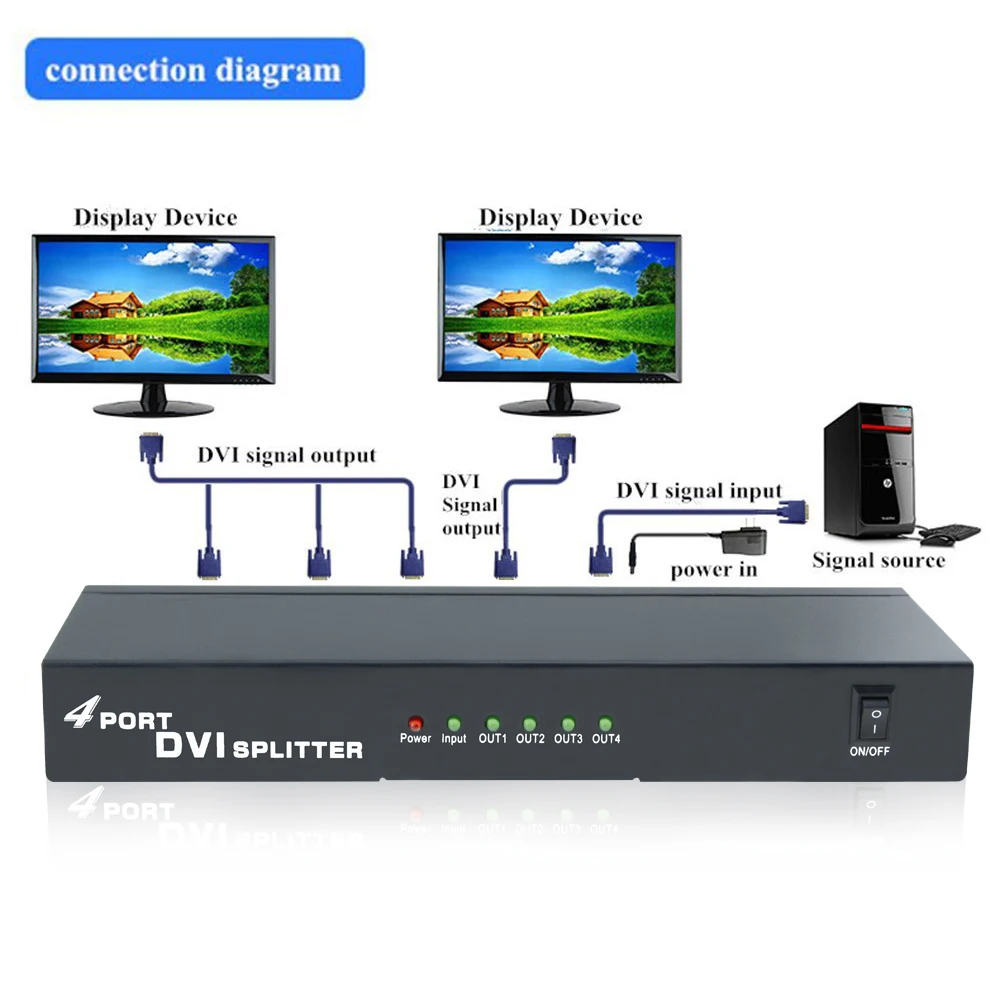 Aikexin разделитель DVI 1x4 4 порта DVI видео сплиттер несколько видео дисплей 1 в 4 Поддержка до 1920x1080