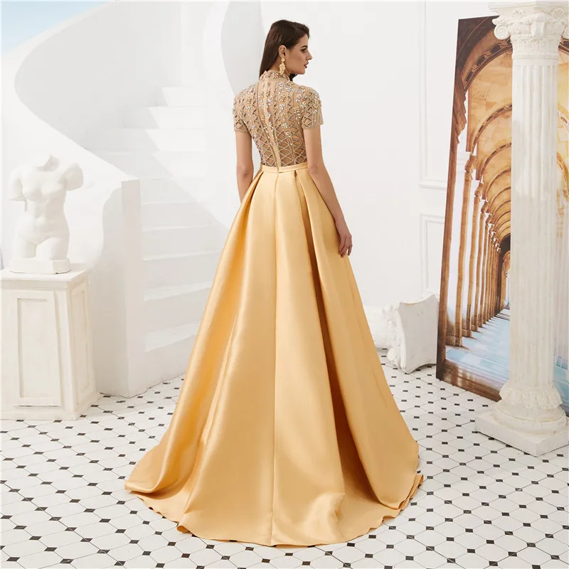 Золотые вечерние платья modabelle Vestido Elegante Mujer De Noche с высоким воротником атласное