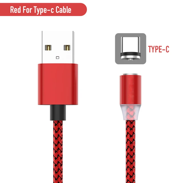 Магнитный светодиодный кабель в оплетке type-C Micro USB Магнитный usb кабель для зарядки Apple iphone X 7 8 6 Xs Max XR samsung s9 шнур - Цвет: Red for Type-C