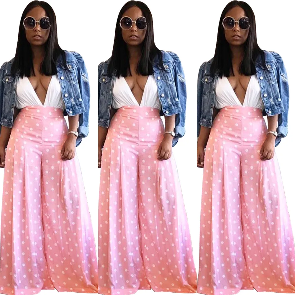 

Women wide leg pants print dot summer high waist loose wide leg pants