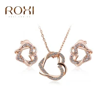Roxi encanto dobles corazones lindos aretes de cristal/collar de cadena de joyería de moda chapado en oro rosa de regalo de boda de la madre