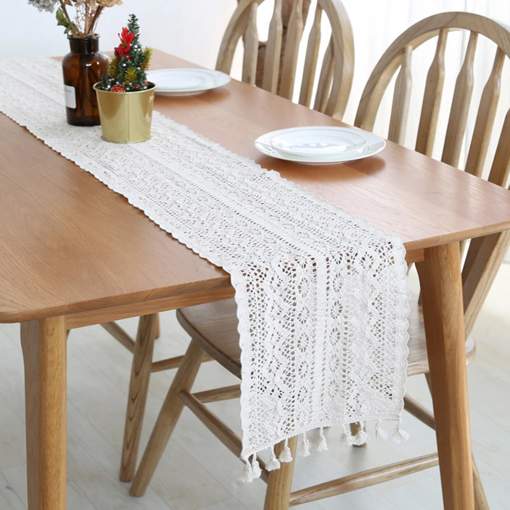 Beige Vintage Floral Lace Table Runner Tasseled Edges Cotton Crocheted Table Cloth Cover Hollow-out Dining Tabletop Decoration