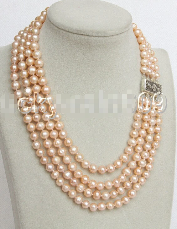 

Free shipping@@@@@ A>16" 4row 8mm pink freshwater pearls necklace 925 silver clasp E9354 a