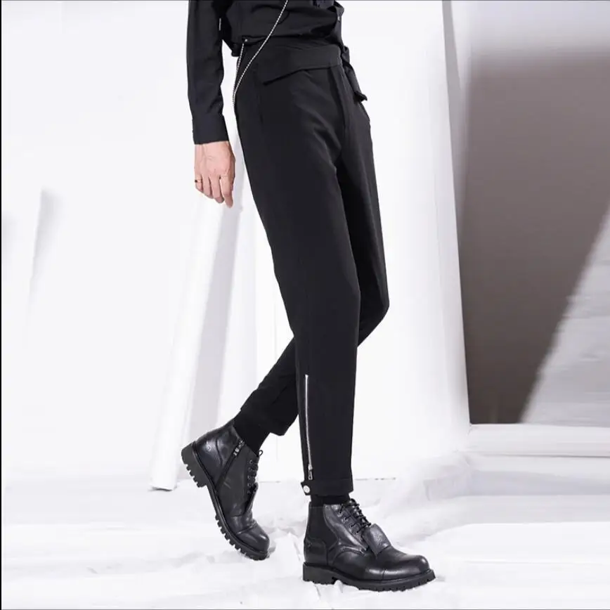 

M-5XL Original design hair stylist nine points feet pants Men's irregular belt tide Tapered pants Singer Stage Zippers Trousers