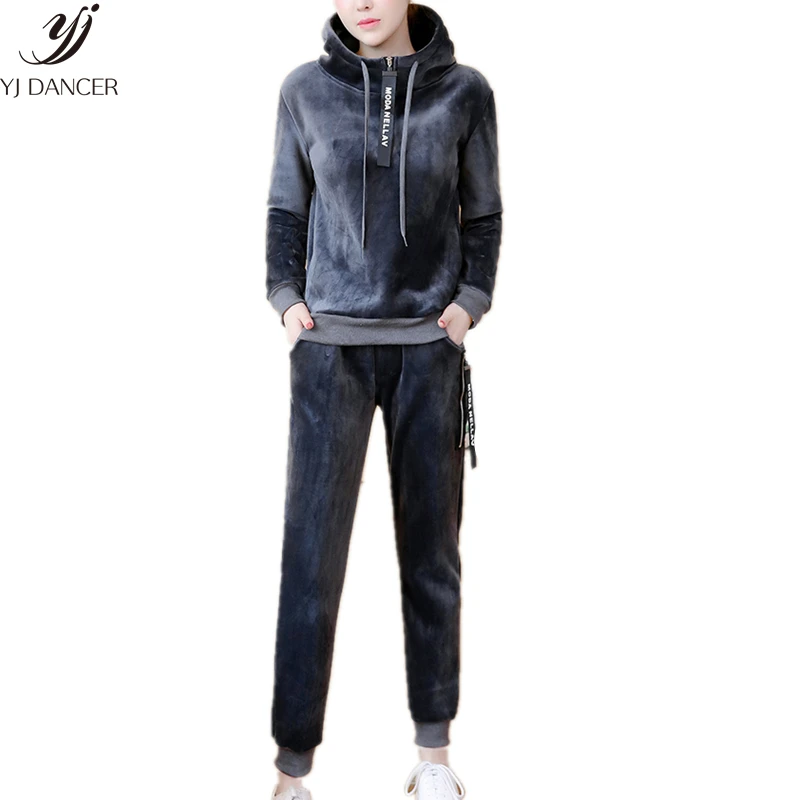 

Autumn And Winter New Two-Piece Large Size Casual Plus Velvet Thick gold Velvet Long-Sleeved Sweater Sports Suit Women HJB371