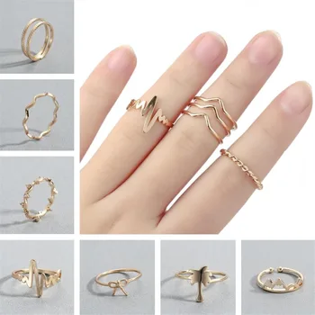 

QIAMNI Pulse Heart Crown Bow Wave Mountain Stackable Birthday Ring Gift Zircon Love Flower Tree Round Knuckle Ring for Women