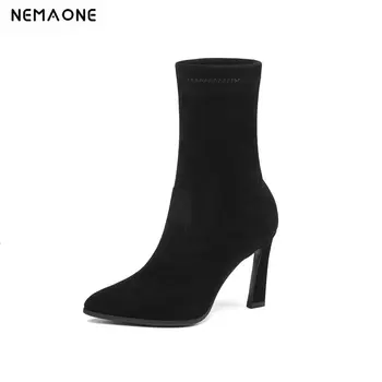 

NEMAONE Women Ankle Boots Sock Boots All Match Platform Pointed Toe Square High Heel Slip on Women Boots Big Size 34-43