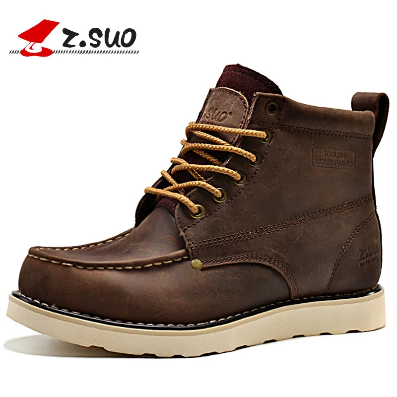 

Z. Suo 1066 Autumn Urban Men's Tooling Boots Thick Crazy Horse Leather Height Increasing Ankle Boots High Top Lace Up Work Boots