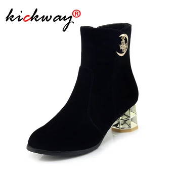 

2019 Autumn Winter Women's Ankle Boots Black Metal High Heels Platform Booties Zipper Shoes Woman chaussures femme Plus Size 43