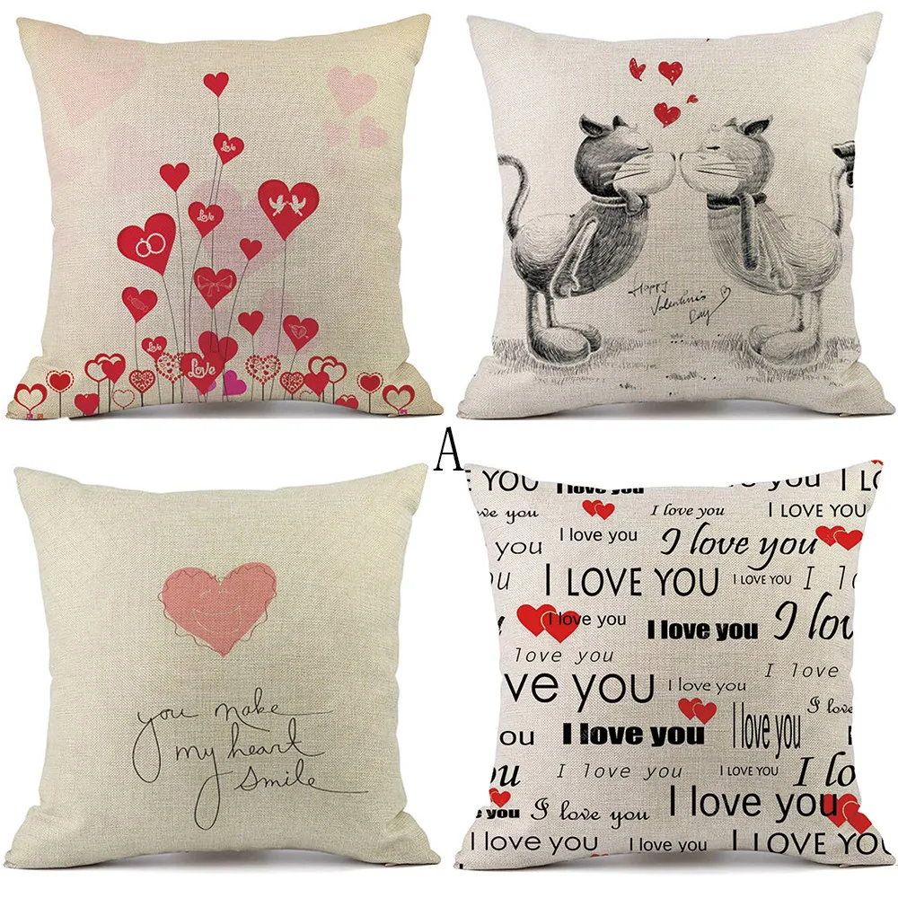 4PC Sets Of Pillow Cover Happy Valentine Pillow Cases Linen Sofa