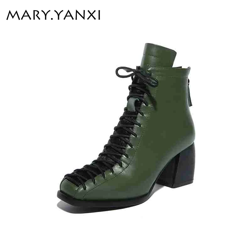 

Genuine leather shoes women boots Square heel lace-up ankle boots Square Toe high heels Motorcycle boots Cross-tied Knight boots