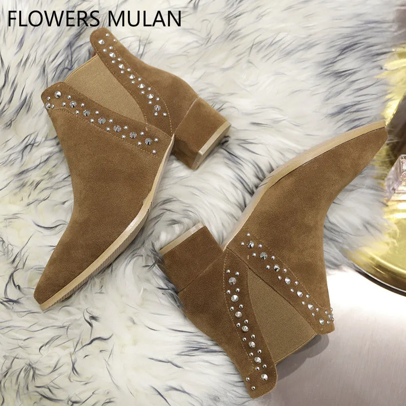

women ankle boots 2018 winter lady pointed toe square heels shoe rivet short booties slip-on size 35-39