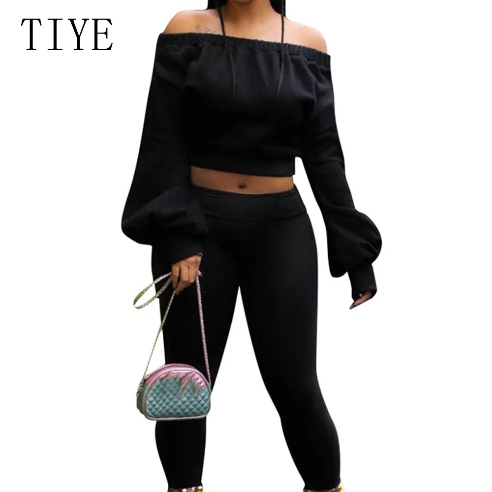 

TIYE Autumn Black Two Pieces Sets Jumpsuits Long Sleeve Top and Long Pants Women's Casual Bodycon Off Shoulder Skinny Rompers
