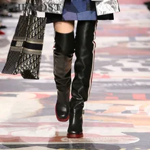 Модные женские сапоги до колена; сезон осень-зима; женские сапоги из свиной кожи с квадратным каблуком средней высоты