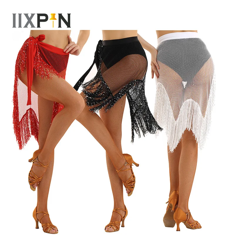 

Women Belly Latin Dance Hip Scarf Practice Clothing Irregular Fishnet Design Shiny Sequins Tassles Fringe Wrap Belt Skirt Latin