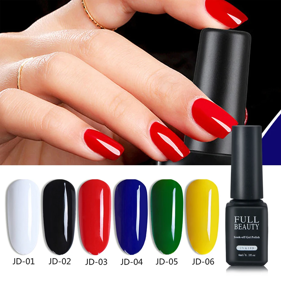 6ml New UV Nail Gel Varnish Lacquer Hybrid Red Black White Pure Color Soak Off Polish Gel Paint Base Top Coat Manicure LAJD01-06