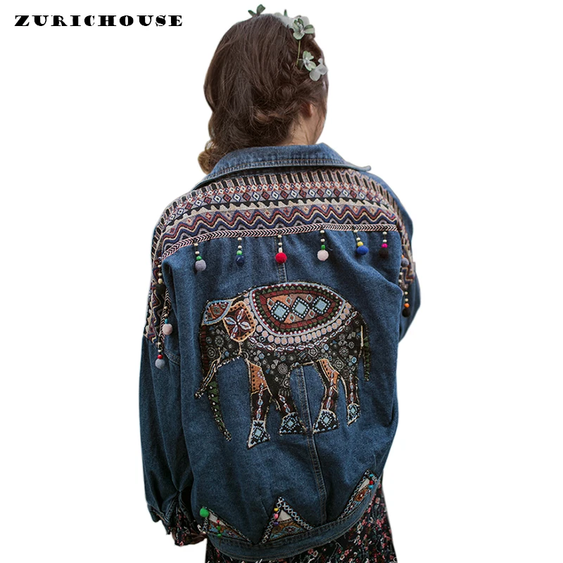 

ZURICHOUSE Denim Women Jacket New Vintage Elephant Embroidery Beading Fringe Jeans Coat Long Sleeve Outerwear Female Jacket Boho