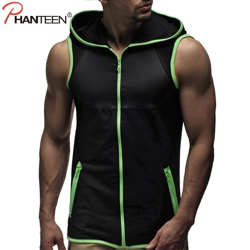 Phanteen Summer Sleeveless Man Zipper Patchwork Casual Vests With Hood Breathable Quiack Dry
