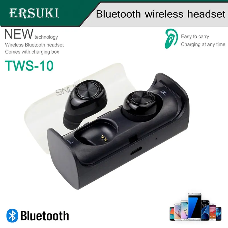 Ersuki двойные Bluetooth наушники TWS10 настоящие беспроводные мини наушники в ухо стерео гарнитура наушники с зарядным гнездом для телефонов - Цвет: black