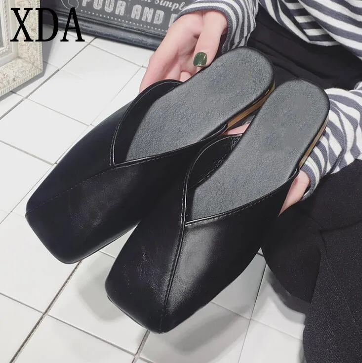 

XDA 2019 Fashion Women Slippers Slip On Shallow Flat slipper Square head Low Heel Women Work Shoes Casual Slides Ladies Loafers