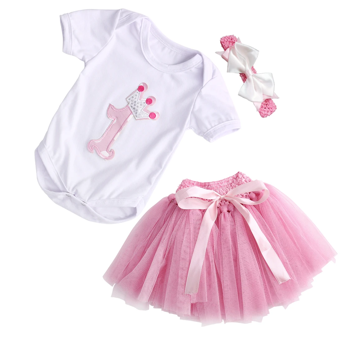 

2017 New Baby Girls Summer Dress kids 1st Crown Romper Headband Birthday Tutu Dress Outfit 3pcs