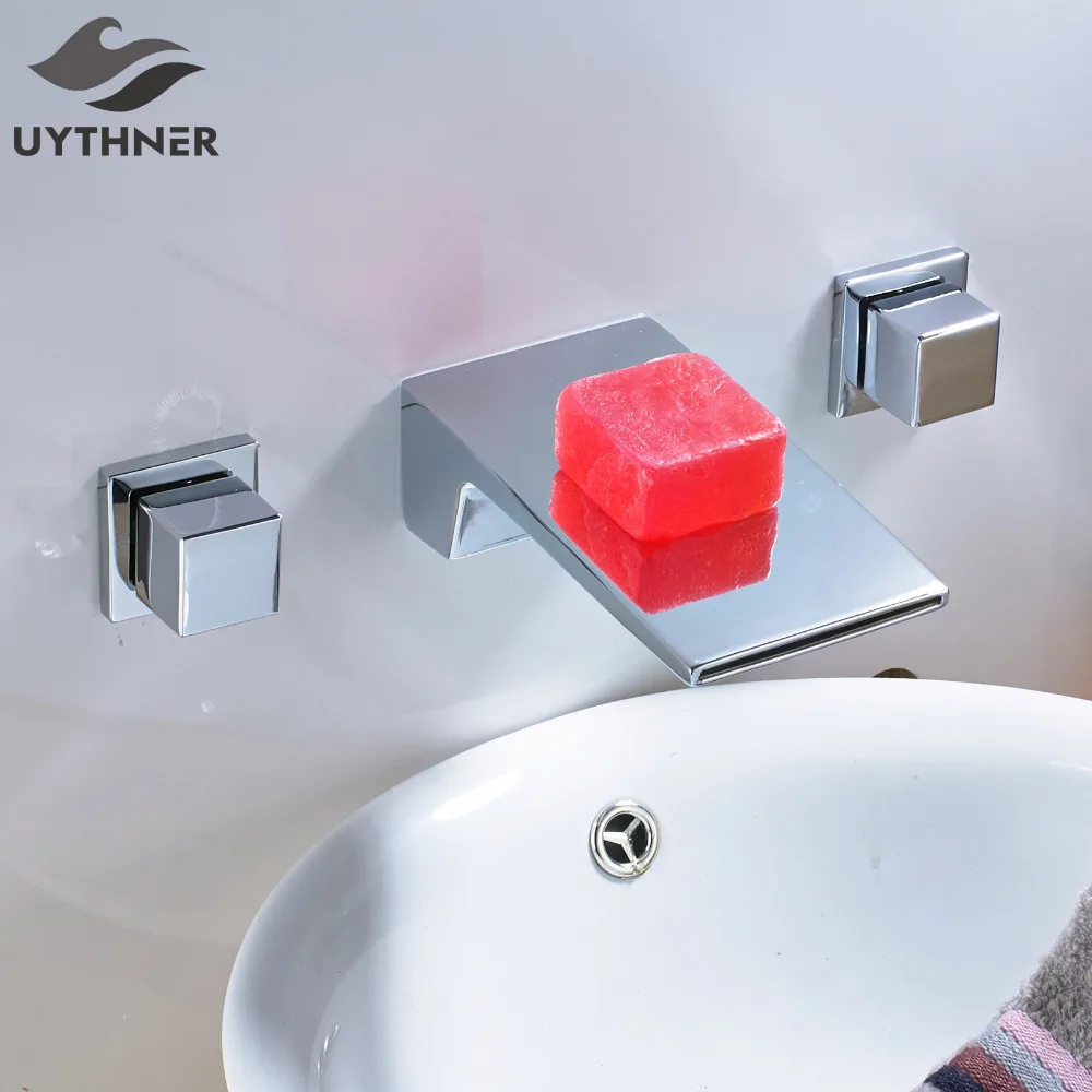

Uythner Handmade Bathroom Basin Faucet with Square Handle Deck Mounted Mixer Tap Chrome Finish
