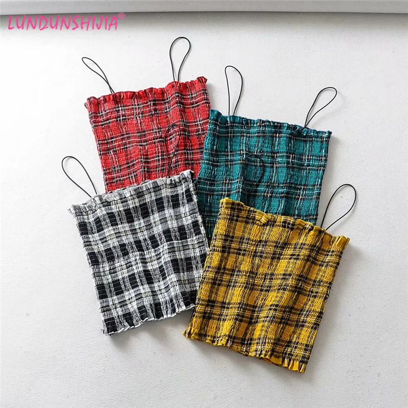 

LUNDUNSHIJIA 2019 Summer Vintage Plaid Camisole Top Ruffle Bustier Cropped Feminino Women Slim Short Style Tube Tops 4 Colors