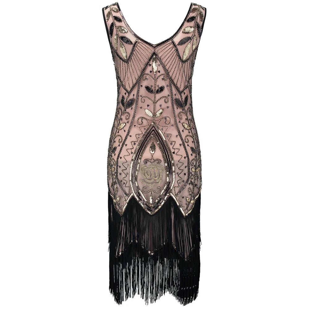 Roaring 1920s Хлопушки платье двойной v-образным вырезом без рукавов цветок лист вышивка бисером блесток платье Грейт Гэтсби платье костюмы