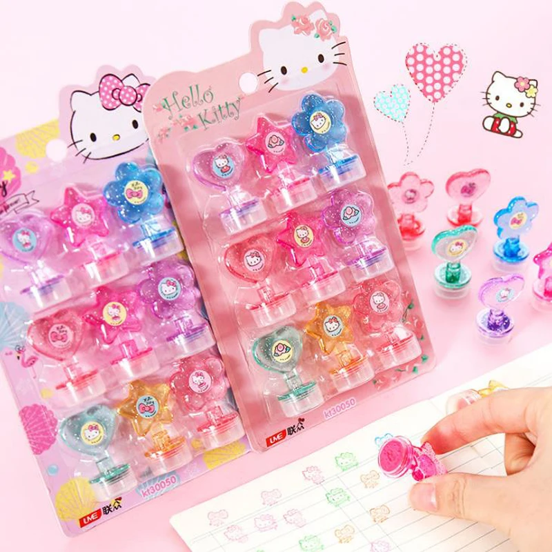 

9 Pcs/pack Cartoon Mini Hello Kitty 9 In 1 Set Plastic Self-Inking Flower Heart Star Shape Stamps Scrapbooking Stationery Gift