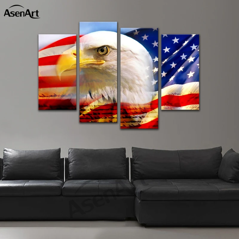 Canvas Art American Flag Eagle Painting 4 Piece Posters Prints Animal