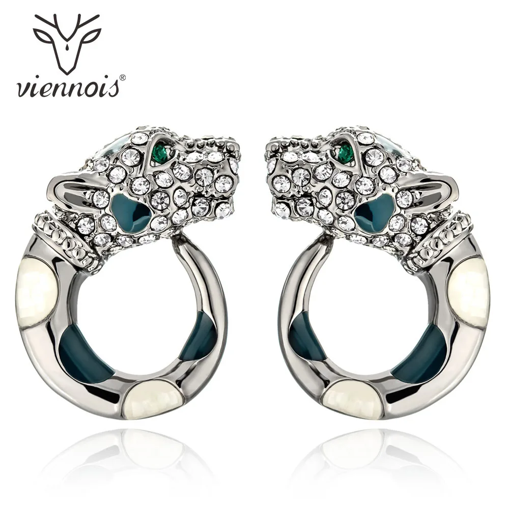 Viennois Gold / Gun Color Leopard Stud Earrings For Women Rhinestone Enamel Fashion Rhinestone Wedding Party Earrings Jewelry
